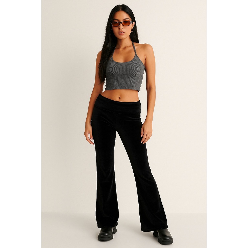 Forever 21 Black Velour Fold-over Flare Lounge Pants Size L Y2K 90s Soft Cozy